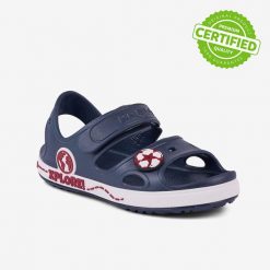 Sandały dziecięce Coqui. Niebieskie sandały chłopięce Coqui, z materiału, bez zapięcia. Za 129.99 zł.