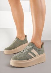Zielone Sneakersy Kultowe Tenisówki na Platformie z Koturnem Elisara. Zielone trampki i tenisówki damskie Born2be, bez wzorów, z jeansu, bez zapięcia. Za 99.99 zł.