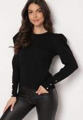 Czarny Sweter z Dodatkiem Wiskozy z Bufiastymi Rękawami i Guzikami Gavinivia. Czarne swetry damskie Born2be, z aplikacjami, z jeansu, eleganckie, bez kołnierzyka, bez ramiączek, bez kaptura. Za 99.99 zł.