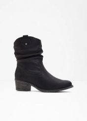 Botki kowbojki marki Rieker. Czarne kozaki damskie bonprix, bez obcasa. Za 349.99 zł.