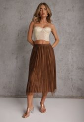 Brązowa Plisowana Spódnica Koktajlowa z Tiulowej Siateczki Aratylia. Brązowe spódnice damskie Renee, bez wzorów, z tiulu, eleganckie, midi, dopasowane. Za 69.99 zł.
