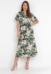 Czarno-Zielona Sukienka Phrixephila. Zielone sukienki damskie Born2be, na lato, bez wzorów, z materiału, bez kołnierzyka, bez ramiączek, midi, kopertowe. Za 29.99 zł.
