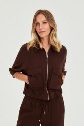 Kurtka z lnem brązowa. Brązowe kurtki damskie MOODO, l, bez wzorów, ze lnu, bez kaptura. Za 149.99 zł.