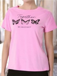 Koszulka z nadrukiem - różowy. Czerwone t-shirty damskie Sinsay, l, bez wzorów, z bawełny, bez kołnierzyka. W wyprzedaży za 6.99 zł.