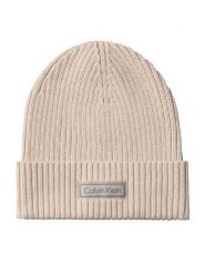 Calvin Klein Czapka Patch Chunky Rib Cotton Beanie LV04D8053G Beżowy. Brązowe rękawiczki damskie Calvin Klein, na zimę, bez wzorów, z bawełny. Za 169.99 zł.