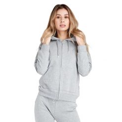 Neonowy damski dres z kapturem i zamkiem. Szare obuwie sportowe damskie LEONE 1947 APPAREL, bez wzorów, z dresówki, na fitness i siłownię. W wyprzedaży za 292.40 zł.