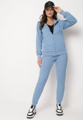 Niebieski Komplet Dresowy z Bawełną Bluza z Kapturem i Spodnie Jogger Sinaria. Niebieskie bluzy damskie Born2be, l, bez wzorów, z bawełny, z kapturem. Za 119.99 zł.
