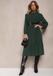 Zielona Sukienka z Aplikacjami na Stójce i z Gumką w Talii Lilora. Zielone sukienki damskie Renee, na co dzień, l, z aplikacjami, eleganckie, bez kołnierzyka, bez ramiączek, midi, proste. Za 89.99 zł.