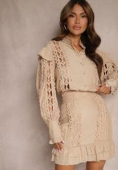 Beżowy Komplet Ażurowy z Bawełną Spódnica i Koszula Ozdobiona Guzikami z Pereł Leninia. Brązowe koszule damskie Renee, m, z aplikacjami, z bawełny, eleganckie, koszulowe. Za 84.99 zł.