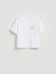 T-shirt w paski z nadrukiem - złamana biel. T-shirty damskie Reserved, l, bez wzorów, z bawełny, bez kołnierzyka. Za 49.99 zł.