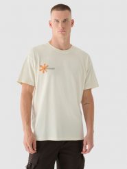 4F T-shirt oversize z nadrukiem męski - beżowy S. Brązowe koszulki sportowe męskie 4f, m, bez wzorów, z bawełny, bez kołnierzyka, bez ramiączek. W wyprzedaży za 29.99 zł.