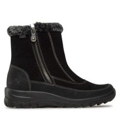 Botki Rieker. Czarne botki damskie Rieker, bez obcasa, na płaskiej podeszwie, bez zapięcia. Za 339.99 zł.