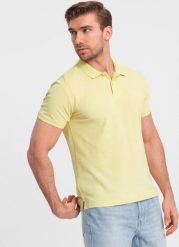Ombre Jednokolorowa koszulka polo męska BASIC z dzianiny pique - żółta V15 OM-POBS-0100 XL. Żółte koszulki polo męskie Ombre, m, bez wzorów, z dzianiny, bez ramiączek. Za 79.99 zł.