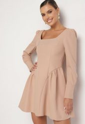 Beżowa Sukienka Rozkloszowana z Kwadratowym Dekoltem Enarel. Brązowe sukienki damskie Born2be, na co dzień, l, z aplikacjami, eleganckie, bez kołnierzyka, bez ramiączek, maxi, proste. Za 89.99 zł.