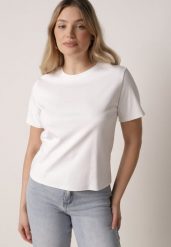 Biały Bawełniany T-shirt w Klasycznym Stylu Hetita. Białe bluzki damskie Born2be, m, bez wzorów, z bawełny, klasyczne, bez kołnierzyka, bez ramiączek. Za 69.99 zł.