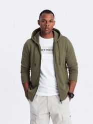 Rozpinana bluza męska dresowa BASIC – oliwkowa V2 OM-SSBZ-0160 - XXL. Zielone bluzy męskie Ombre Clothing, l, bez wzorów, z dresówki, z kapturem. Za 125.99 zł.