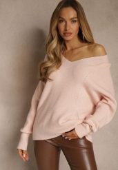 Jasnoróżowy Sweter z Dodatkiem Kaszmiru i Trójkątnym Dekoltem Silefera. Czerwone swetry damskie Renee, bez wzorów, z jeansu, casualowe, bez kołnierzyka, bez ramiączek, bez kaptura. Za 99.99 zł.