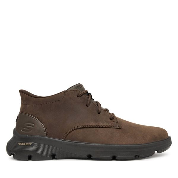 Trzewiki Skechers. Brązowe botki męskie Skechers, bez wzorów, bez zapięcia. Za 449.99 zł.