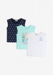 Tank top z czystej bawełny (3 sztuki). Niebieskie koszule dla chłopców bonprix, bez wzorów, z bawełny, bez ramiączek. Za 64.99 zł.