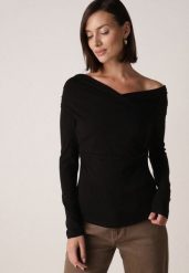 Czarna Bluzka z Bawełną Dekoltem Typu Łódka i Marszczeniem Typhatos. Czarne bluzki damskie Born2be, m, bez wzorów, z bawełny, eleganckie, bez kołnierzyka, bez ramiączek. Za 99.99 zł.