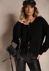 Czarny Kardigan z Wełną Bawełną i Wiskozą Ozdobiony Wiązaniem Lilassea. Czarne kardigany damskie Renee, bez wzorów, z bawełny, eleganckie, bez kołnierzyka, bez ramiączek, bez kaptura. Za 159.99 zł.