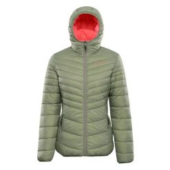 Damska kurtka z kapturem Alpine Pro Eroma. Zielone kurtki damskie Alpine Pro, bez wzorów, z puchu, z kapturem, trekkingowe. Za 319.00 zł.