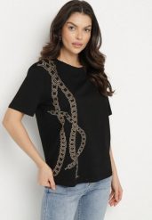 Czarny T-shirt Bawełniany z Cyrkoniami Felnella. Czarne bluzki damskie Born2be, l, bez wzorów, z bawełny, eleganckie, bez kołnierzyka. Za 34.99 zł.
