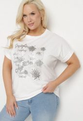 Biały T-shirt z Bawełny o Kroju Nietoperza z Metalicznym Nadrukiem Olisenia. Białe bluzki damskie Born2be, xl, bez wzorów, z bawełny, bez kołnierzyka. Za 39.99 zł.