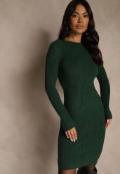 Ciemnozielona Sweterkowa Dopasowana Sukienka z Bawełną Reileta. Zielone sukienki damskie Renee, na spotkanie biznesowe, bez wzorów, z bawełny, bez kołnierzyka, bez ramiączek, dopasowane. Za 89.99 zł.