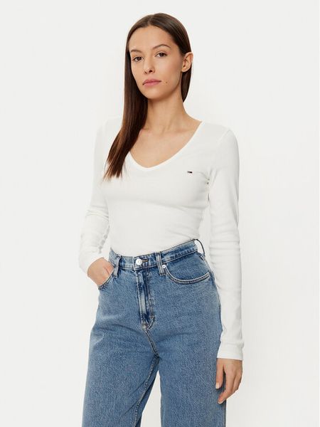 Tommy Jeans Bluzka Essential DW0DW17990 Écru Slim Fit. Białe bluzki damskie Tommy Jeans, xs, bez wzorów, z jeansu, bez kołnierzyka, bez ramiączek. Za 189.99 zł.
