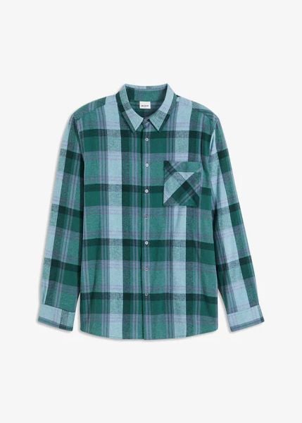 Koszula flanelowa z czystej bawełny. Zielone koszule męskie bonprix, m, bez wzorów, z bawełny, bez kołnierzyka, bez ramiączek. Za 112.99 zł.