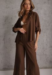 Brązowy Boho Komplet z Bawełną Koszula i Spodnie z Ażurowymi Zdobieniami Runesa. Brązowe koszule damskie Renee, m, z aplikacjami, z bawełny. Za 149.99 zł.