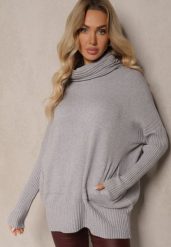Szary Golf z Wiskozą Bawełną i Wsuwanymi Kieszeniami Vialith. Szare swetry damskie Renee, uniwersalny, bez wzorów, z bawełny, eleganckie, bez kołnierzyka, bez ramiączek, bez kaptura. Za 84.99 zł.