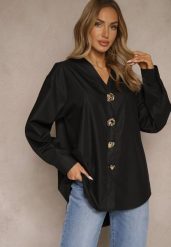 Czarna Koszula z Wiskozą o Fasonie Oversize z Kwiatowym Zdobieniem Sarbia. Czarne bluzki damskie Renee, l, z aplikacjami, z jeansu, eleganckie, bez kołnierzyka, bez ramiączek. Za 89.99 zł.