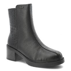 Botki damskie Rieker o eleganckim fasonie z tłoczonymi wstawkami i stabilnym obcasem na traperowej podeszwie czarne, Y5264-00 Black. Czarne kozaki damskie Rieker, z jeansu, bez obcasa, na obcasie. Za 331.99 zł.