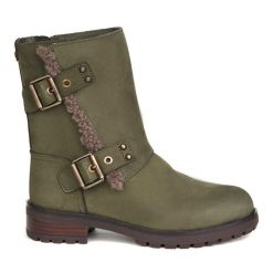 UGG Niels botki mid khaki z naturalnym futrem, podeszwa Treadlite ZLN 0577. Zielone botki damskie UGG, ze skóry, eleganckie, z okrągłym noskiem, bez obcasa, bez zapięcia. Za 571.99 zł.