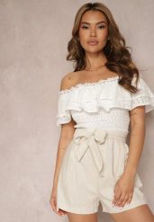 Beżowe Szorty z Bawełny z Gumką w Talii i Paskami po Bokach Nellvina. Brązowe szorty damskie Renee, l, bez wzorów, z bawełny, eleganckie. Za 44.99 zł.