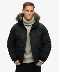 Kurtka Bomber z Ekologicznej Futrzanej Wstawki Everest. Czarne kurtki męskie Superdry., l, bez wzorów, z futra, bez kaptura. Za 771.15 zł.