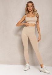 Beżowy Elastyczny Komplet Fitness Usztywniany Biustonosz i Legginsy z Gumką Orbinra. Brązowe legginsy damskie Renee, m, bez wzorów, na fitness i siłownię. Za 59.99 zł.