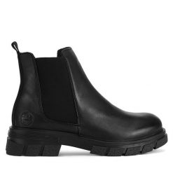 Botki Rieker. Czarne botki damskie Rieker, bez obcasa, na płaskiej podeszwie, bez zapięcia. Za 335.00 zł.