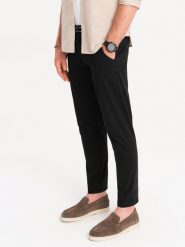 Spodnie męskie chino z ozdobną taśmą w pasie SLIM FIT – czarne V1 OM-PACP-0118 - L. Czarne eleganckie spodnie męskie Ombre Clothing, l, bez wzorów, z bawełny. W wyprzedaży za 179.99 zł.