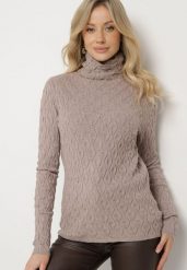 Ciemnobeżowy Golf z Wiskozą Zdobiony Tłoczonym Wzorem i Metaliczną Nicią Ilamirael. Brązowe swetry damskie Born2be, z aplikacjami, z wiskozy, eleganckie, bez kołnierzyka, bez ramiączek, długie, bez kaptura. Za 84.99 zł.