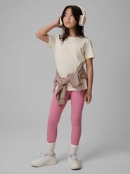 4F T-shirt regular gładki dziewczęcy - beżowy 134 (8-9 lat). Brązowe t-shirty i topy dla dziewczynek 4f, bez wzorów, z bawełny, bez ramiączek. Za 29.99 zł.