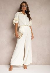 Beżowy Komplet Szerokie Spodnie i Koszula z Falbanami Rivathins. Brązowe koszule damskie Renee, l, bez wzorów, eleganckie, bez kołnierzyka, bez ramiączek. Za 159.99 zł.