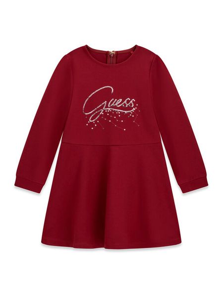 Guess Sukienka codzienna K6BK02 K5928 Czerwony ciemny Regular Fit. Czerwone sukienki dla dziewczynek Guess, z aplikacjami, bez ramiączek. Za 284.99 zł.