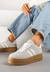 Beżowo-Szare Sneakersy w Stylu Tenisówki z Paskami Hirnelia. Brązowe obuwie sportowe damskie Renee, bez wzorów, z jeansu, klasyczne, bez zapięcia. Za 79.99 zł.