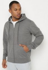 Ciemnoszara Bluza z Bawełną Kapturem i Sznurkami Asallin. Szare bluzy męskie Born2be, m, bez wzorów, z bawełny, z kapturem. Za 59.99 zł.