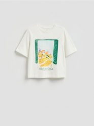 Bawełniany t-shirt z nadrukiem - złamana biel. T-shirty damskie Reserved, l, bez wzorów, z bawełny, bez kołnierzyka. Za 45.99 zł.