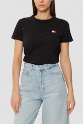TOMMY JEANS Czarny damski t-shirt z małym logo, Rozmiar XS. Czarne t-shirty damskie Tommy Jeans, s, bez wzorów, z jeansu, bez kołnierzyka. W wyprzedaży za 88.99 zł.