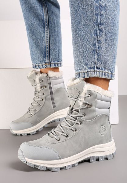 Jasnoszare Botki Śniegowce w Trekkingowym Stylu na Grubej Podeszwie Elorene. Szare śniegowce i trapery damskie Born2be, z dzianiny. Za 159.99 zł.